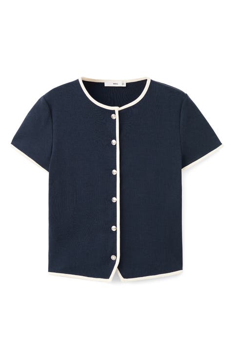 Piped Trim Cotton Button-Up Top