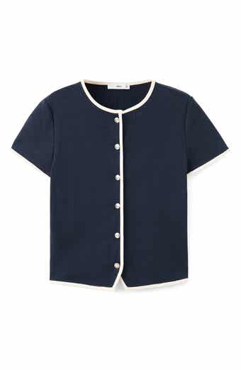 Piped Trim Cotton Button-Up Top