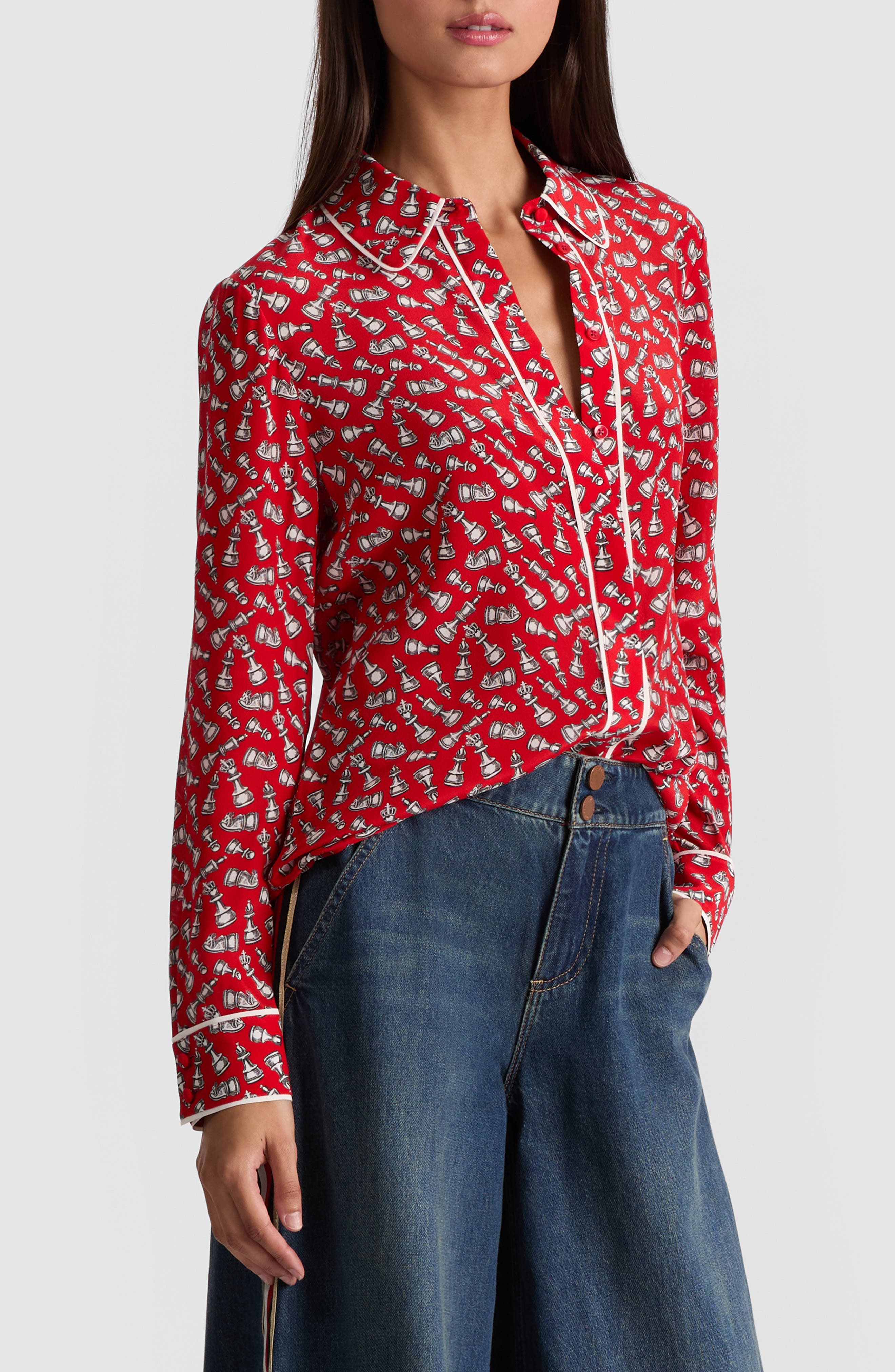 ALICE + OLIVIA Willa Chess Piece Print Silk Button-Up Shirt (Women