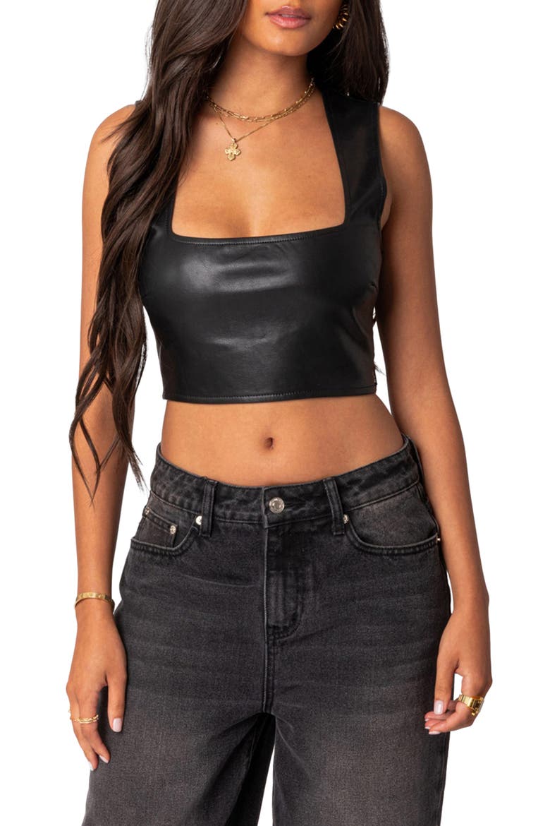 Crescent Faux Leather Crop Top, Main, color, BLACK