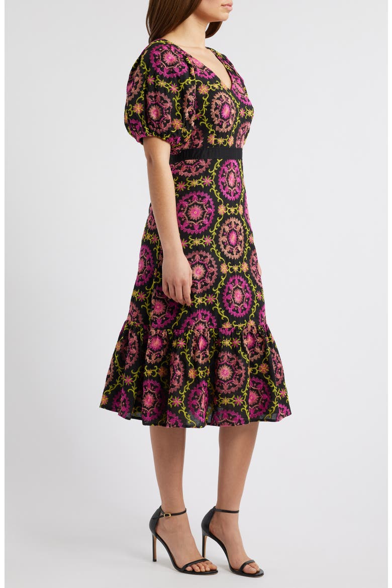 Embroidered Puff Sleeve Midi Dress, Alternate, color, BLACK/ PINK