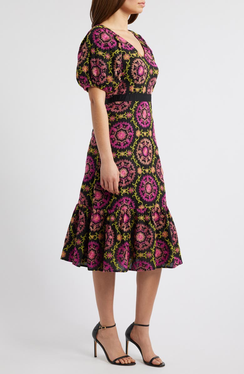 Sam Edelman Embroidered Puff Sleeve Midi Dress, Alternate, color, Black/ Pink