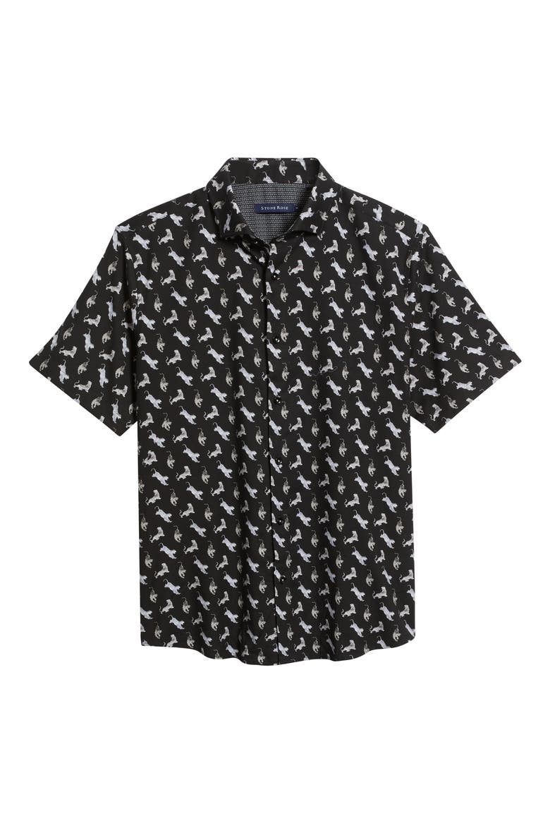 Tiger Print Short Sleeve Button-Up Shirt, Alternate, color, BLACK