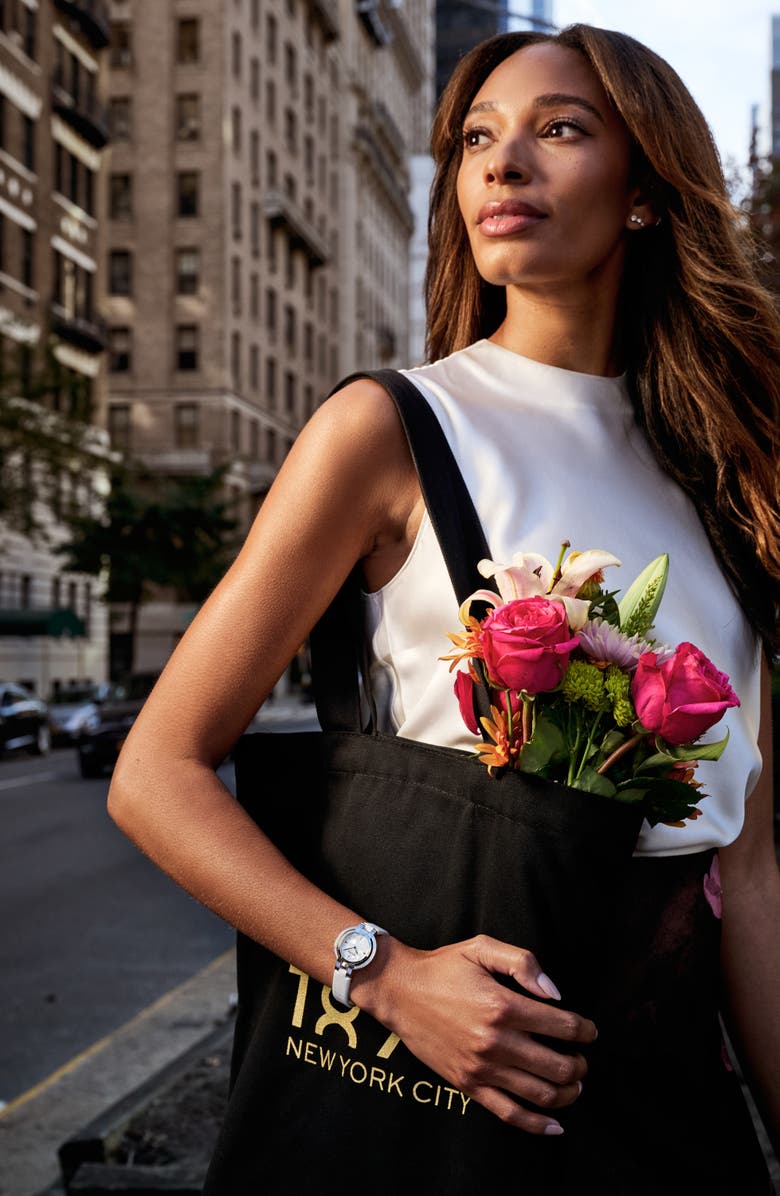 BULOVA Rubaiyat Sapphire Leather Strap Watch, 30mm, Alternate, color, Silver-Tone