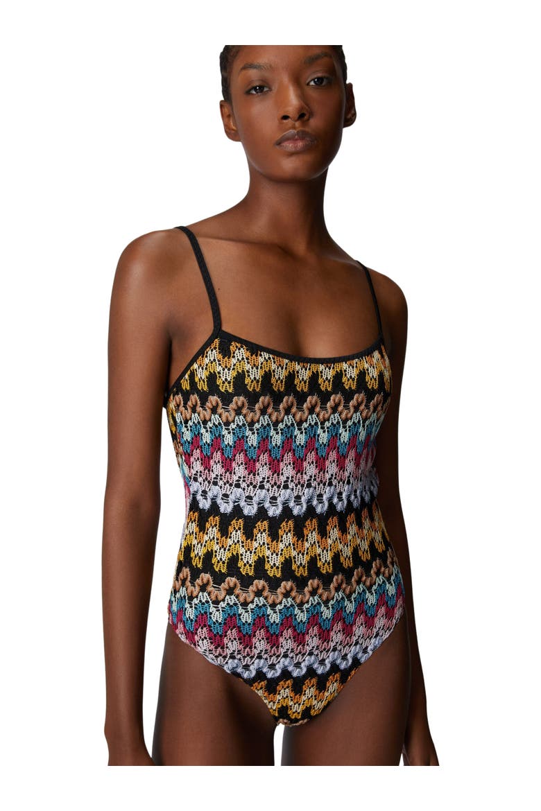 One-piece Swimsuit In Lamé Viscose Lace, Alternate, color, Black Multi