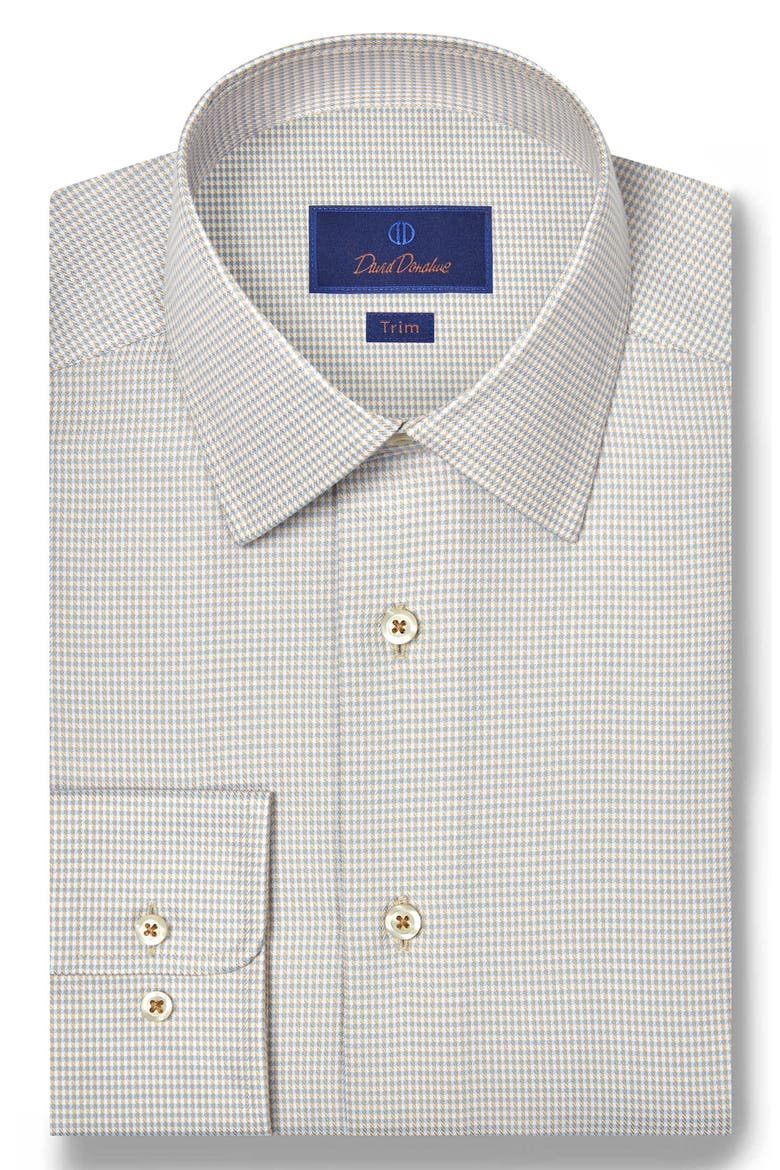 Trim Fit Herringbone Check Cotton & Silk Dress Shirt, Main, color, SKY/ DUNE