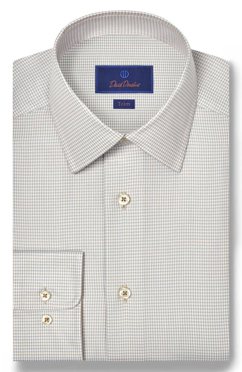 David Donahue Trim Fit Herringbone Check Cotton & Silk Dress Shirt, Main, color, Sky/ Dune