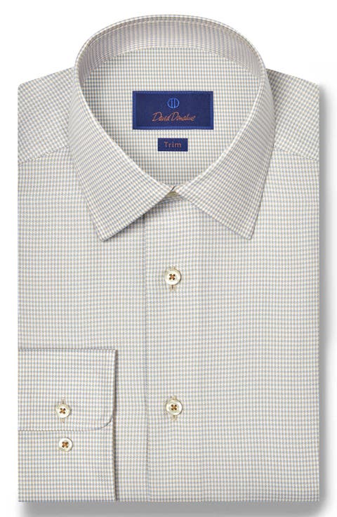 Trim Fit Herringbone Check Cotton & Silk Dress Shirt