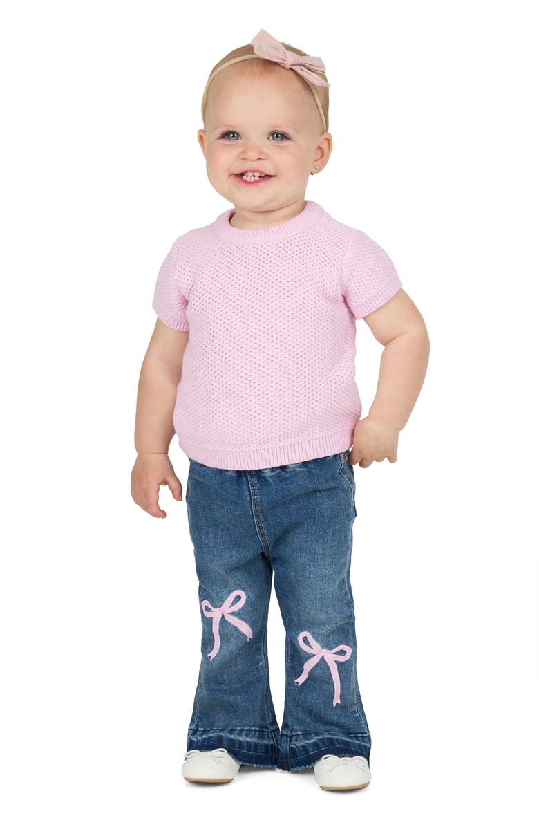 Rare Editions Short Sleeve Sweater & Flare Leg Jeans Set, Alternate, color, Pink