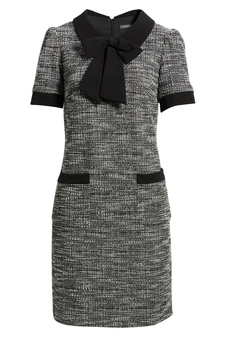 Bow Detail Bouclé Tweed Dress, Alternate, color, BLACK WHITE