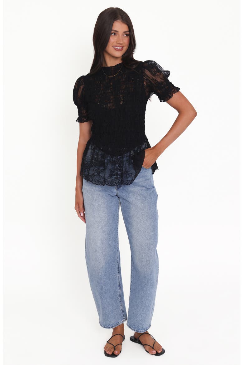 Adeline Smocked Peplum Lace Top, Alternate, color, BLACK