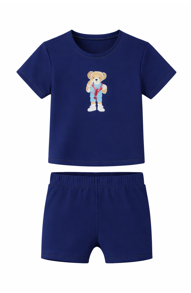 Try Boy Bear Artwork Short Sleeve Top and Elastic Waist Shorts Two Piece Swimsuit Set, Main, color, Navy Blue