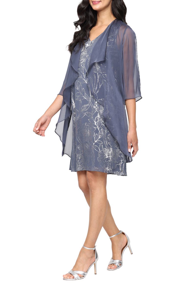Metalllic Floral Cocktail Shift Dress with Cascade Jacket, Main, color, STEEL