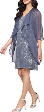 SL FASHIONS Metalllic Floral Cocktail Shift Dress with Cascade Jacket