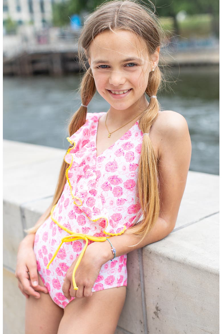 Asymmetrical Ruffle Flower Print with Yellow Belt One-Piece Swimsuit, Alternate, color, Pink