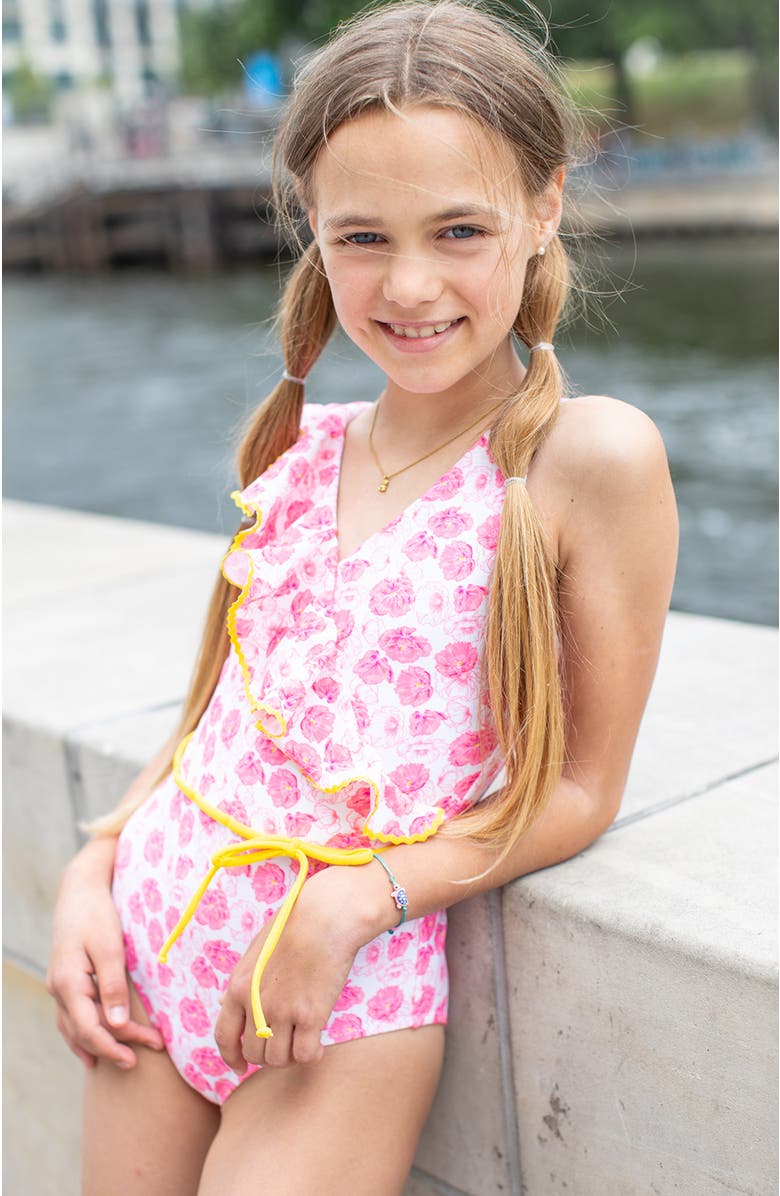 NESSI BYRD Asymmetrical Ruffle Flower Print with Yellow Belt One-Piece Swimsuit, Alternate, color, Pink