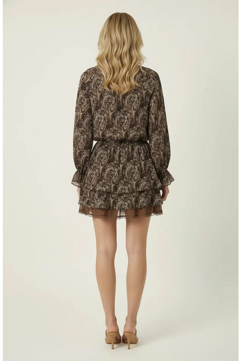 Paisley Print Mini Dress with Tiered Skirt and Long Sleeves, Alternate, color, Dark Brown Paisley