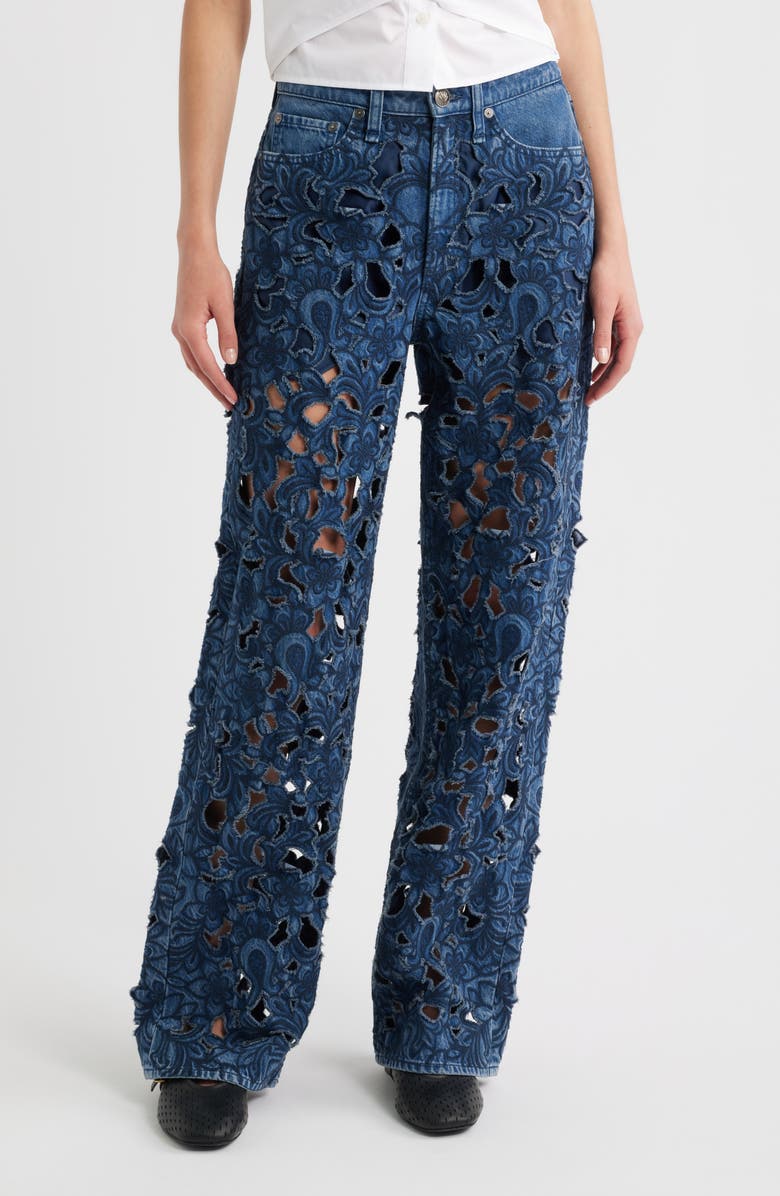 rag & bone Logan Floral Cutout Mid Rise Wide Leg Jeans, Main, color, Hyacn