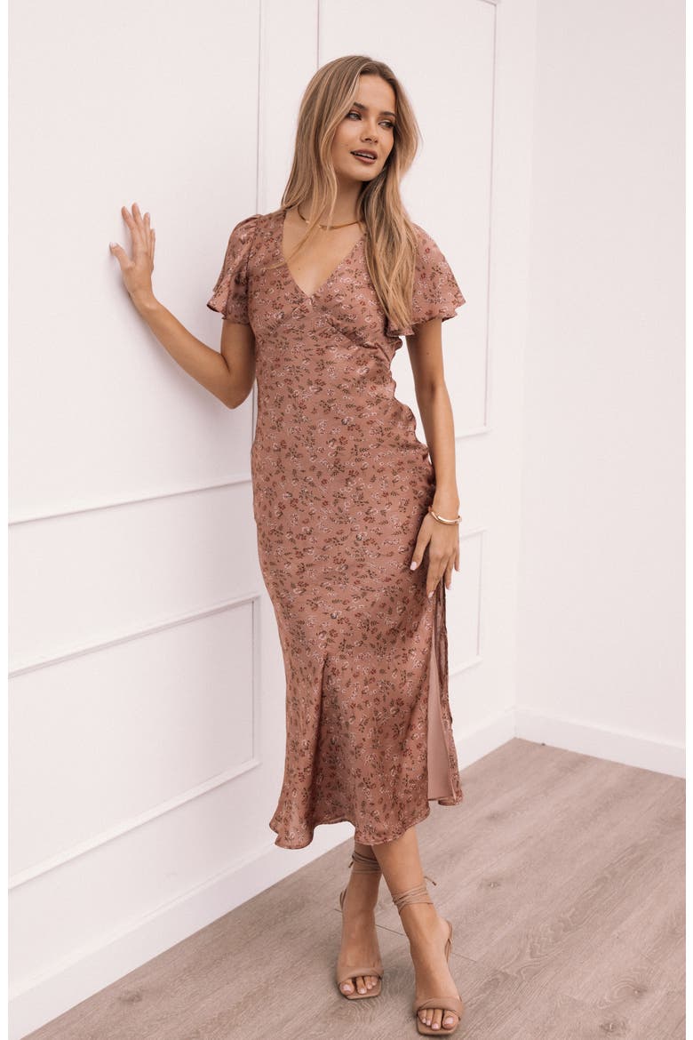 Flossy Floral Satin Midi Dress, Alternate, color, MAUVE