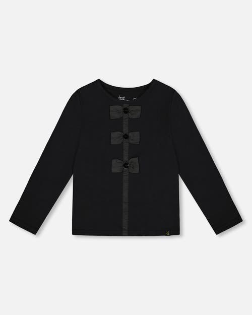 Deux Par Deux Long Sleeve Organic Cotton Jersey Bow Tee In Black