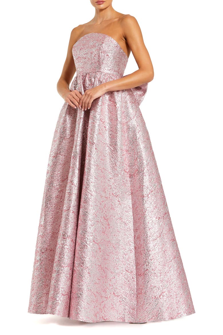 Metallic Strapless Brocade Gown With Oversized Bow, Main, color, Raspberry