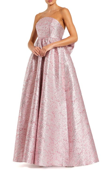 Metallic Strapless Brocade Gown With Oversized Bow