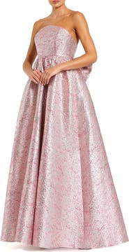 Mac Duggal Metallic Strapless Brocade Gown With Oversized Bow