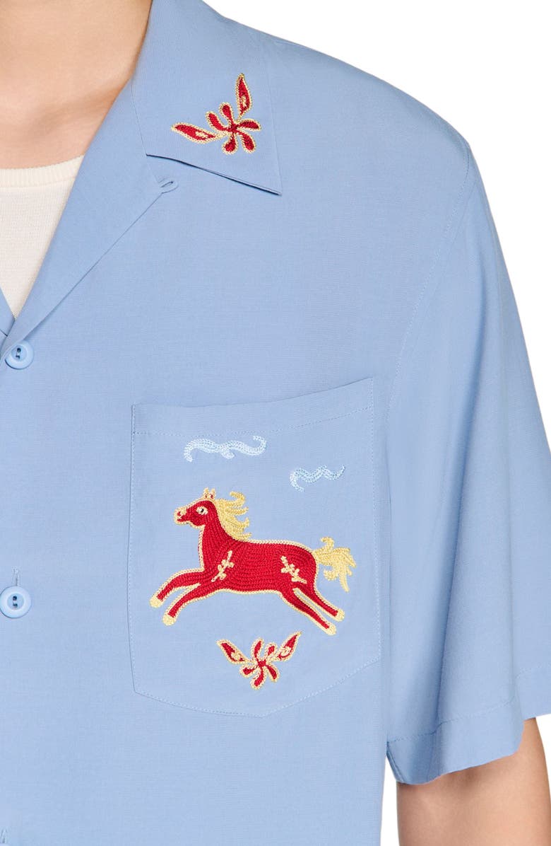 SANDRO Embroidered horse loose-fit shirt, Alternate, color, Blue