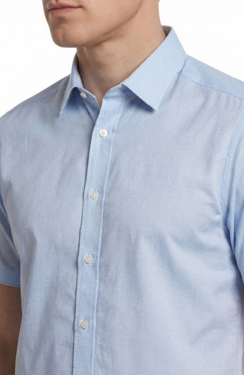 Report Collection Geo Print Short Sleeve Stretch Button-Up Shirt, Alternate, color, Blue