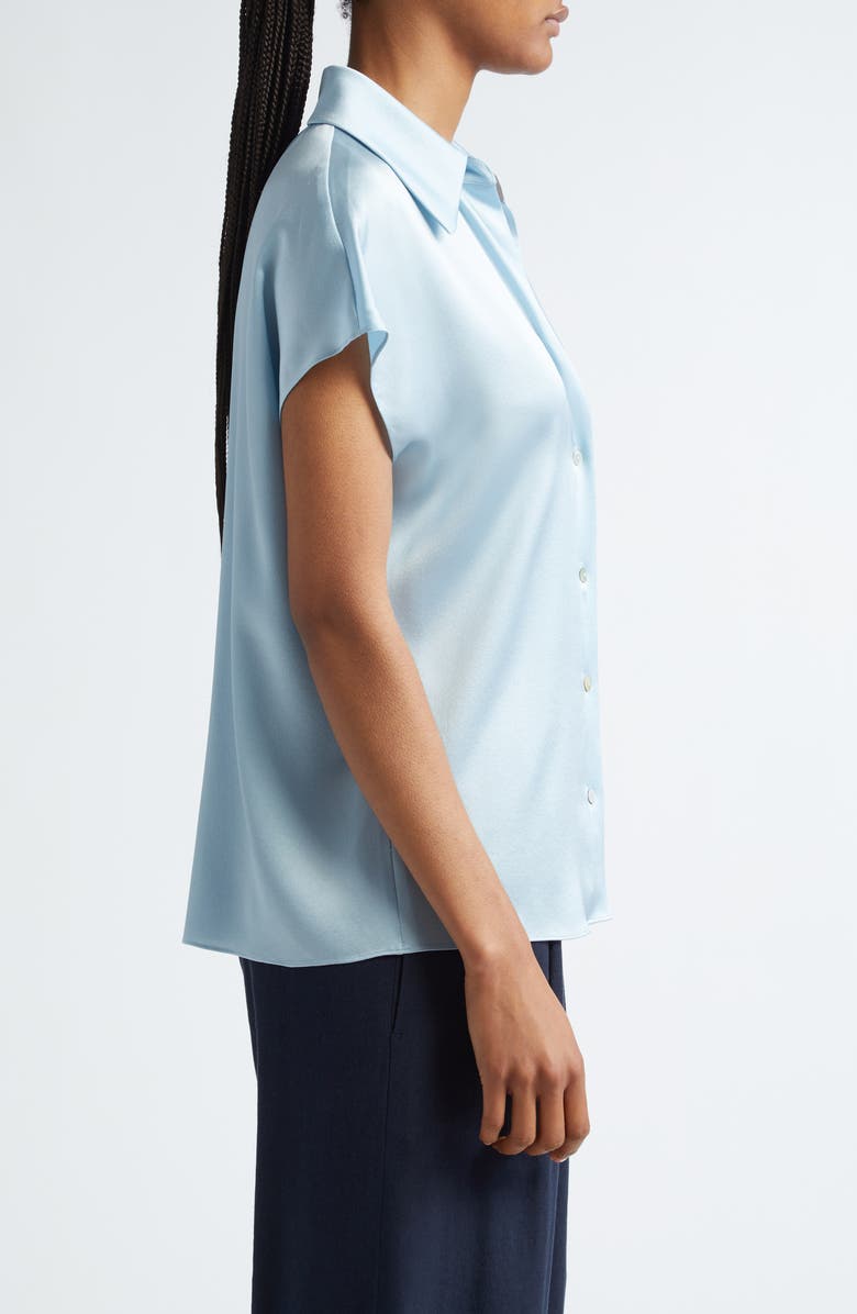 Vince Cap Sleeve Gathered Back Short Sleeve Silk Button-Up Shirt, Alternate, color, Sky Graphite