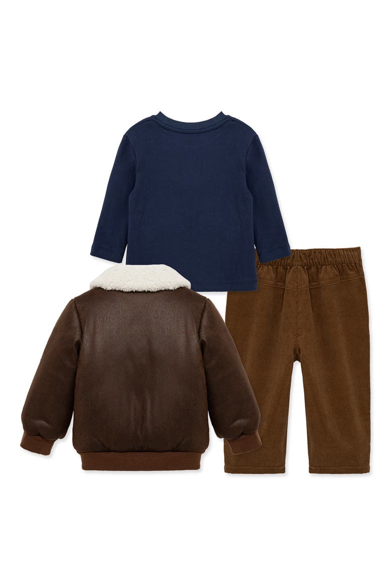Set of 3 Aviator Graphic T-Shirt, Corduroy Pants & Faux Leather Flight Jacket, Alternate, color, BROWN