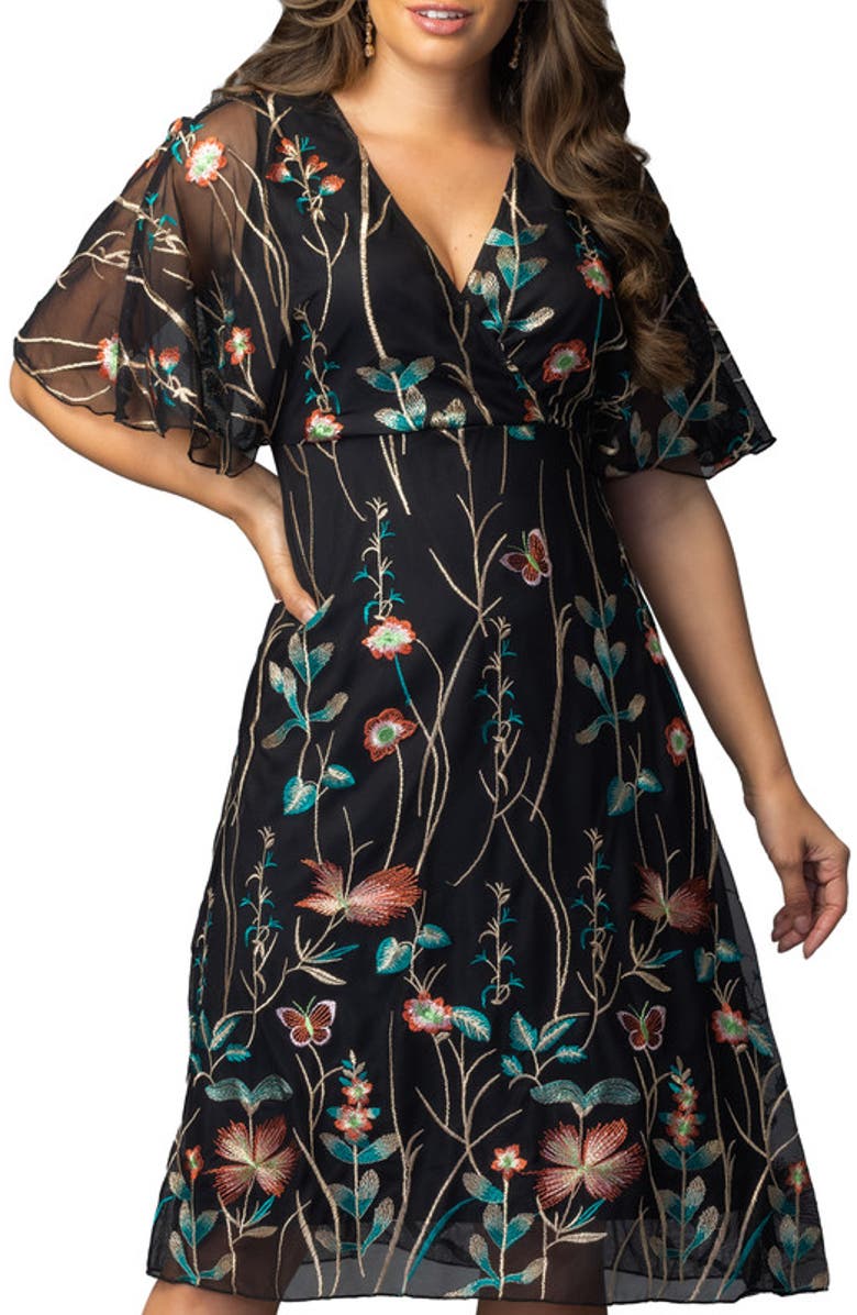 Kiyonna Sonnet Embroidered Cocktail Dress, Alternate, color, Onyx