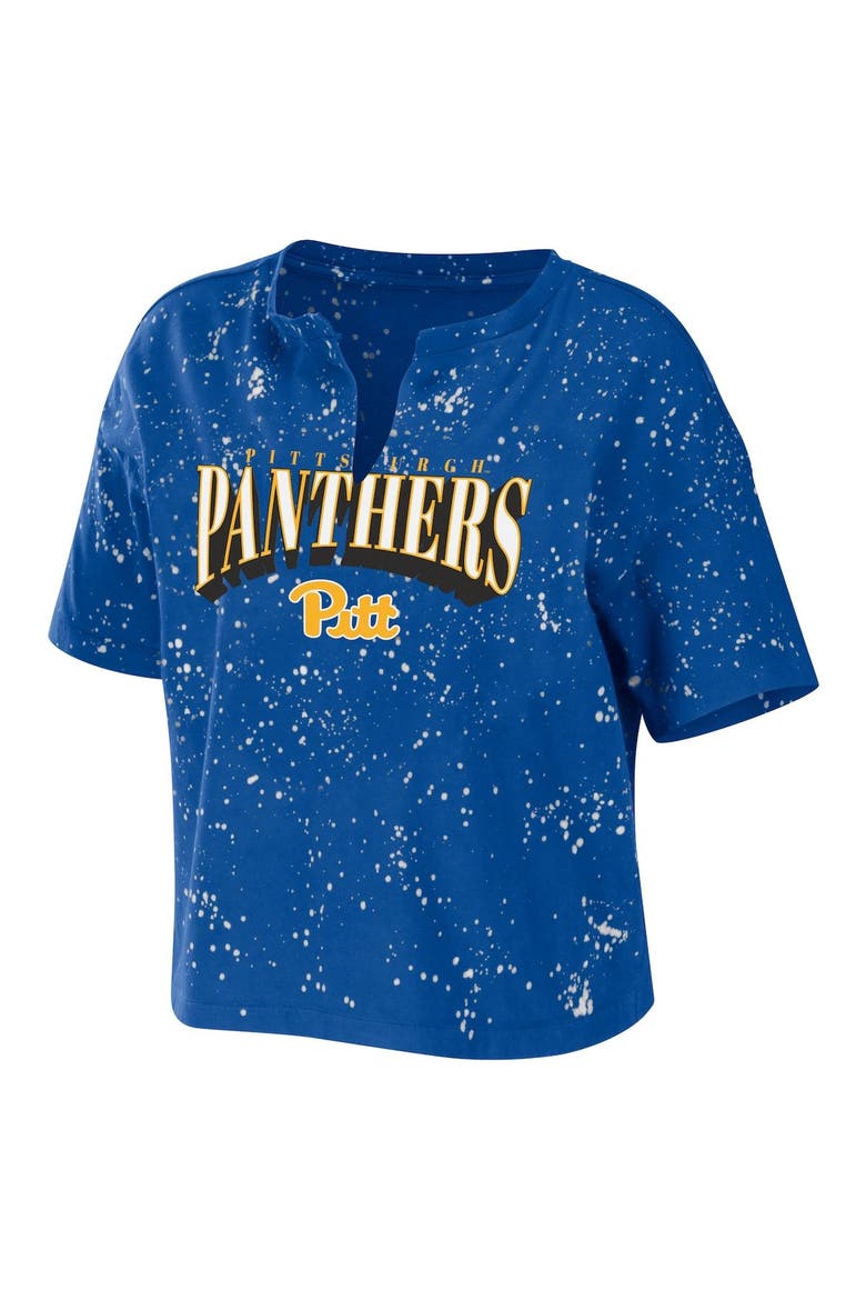 Women's WEAR by Erin Andrews Royal Pitt Panthers Bleach Wash Splatter Cropped Notch Neck T-Shirt, Alternate, color, Royal