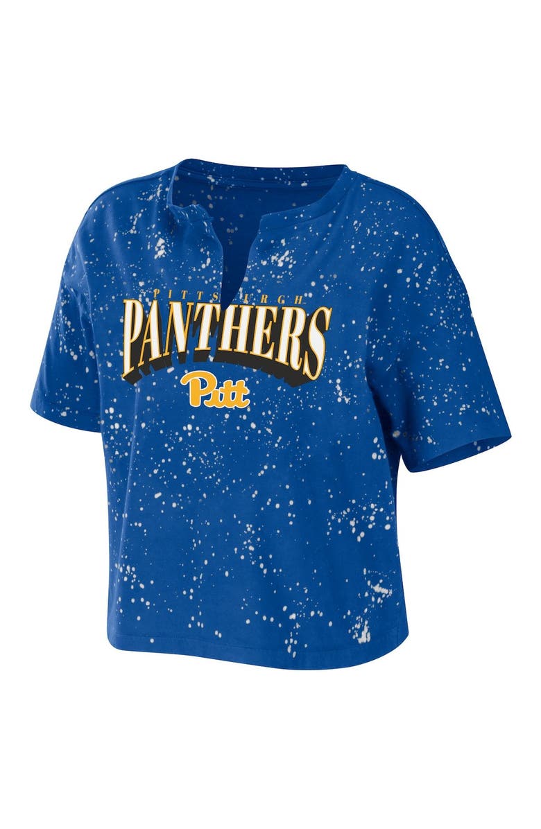 WEAR by Erin Andrews Women's WEAR by Erin Andrews Royal Pitt Panthers Bleach Wash Splatter Cropped Notch Neck T-Shirt, Alternate, color, Royal