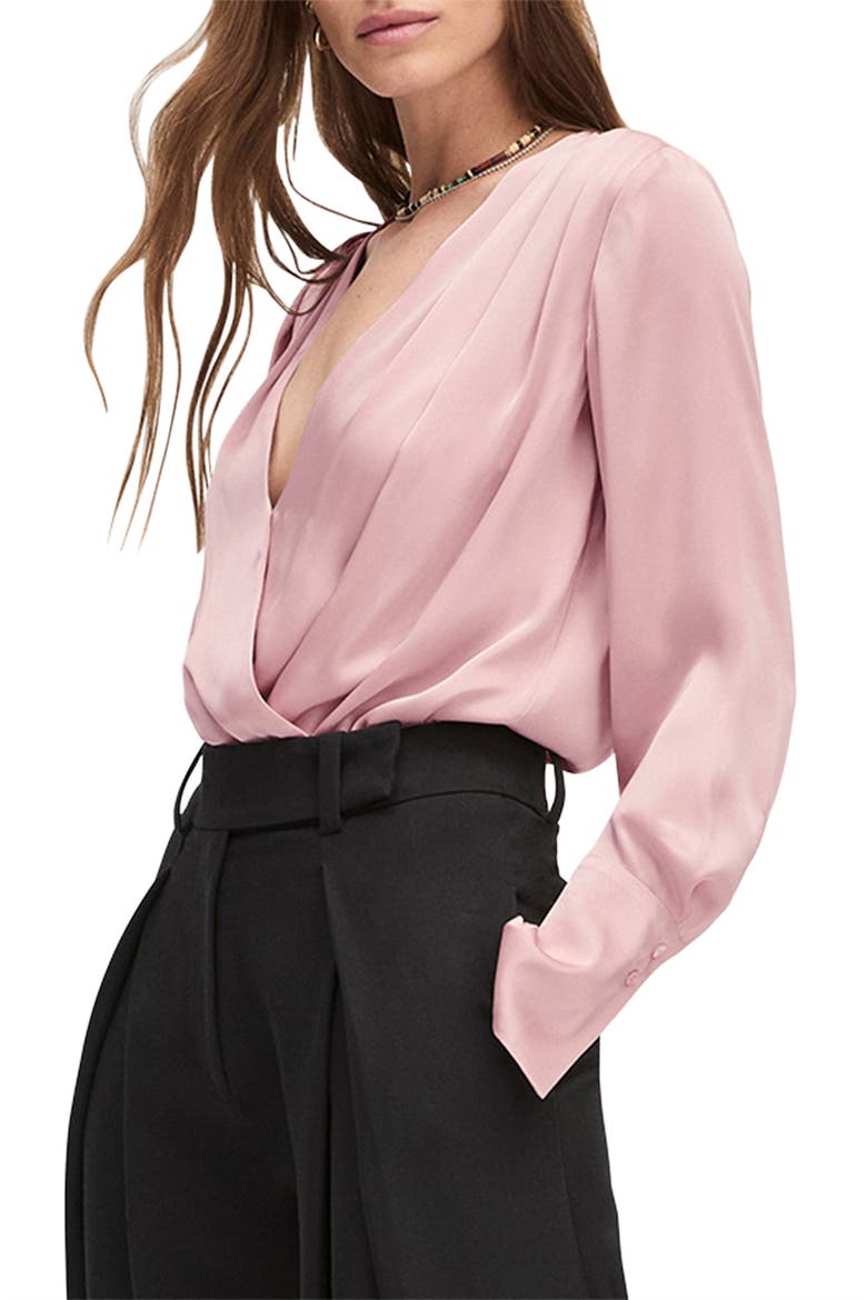 Surplice Long Sleeve Satin Bodysuit, Alternate, color, WHIMSICAL ROSE