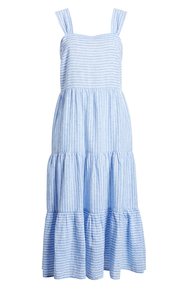 beachlunchlounge Lina Stripe Linen & Cotton Tiered Midi Sundress, Alternate, color, 