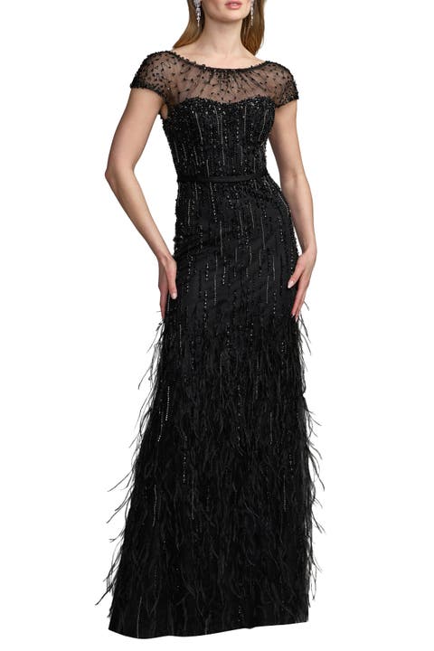 Hand Beaded Short Sleeve Feather Gown