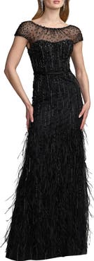 Mac Duggal Hand Beaded Short Sleeve Feather Gown