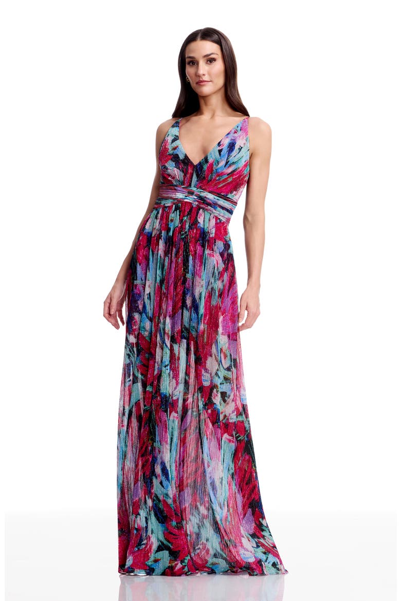 Taylor Metallic Floral Plissé Gown, Alternate, color, BRIGHT FUCHSIA MULTI