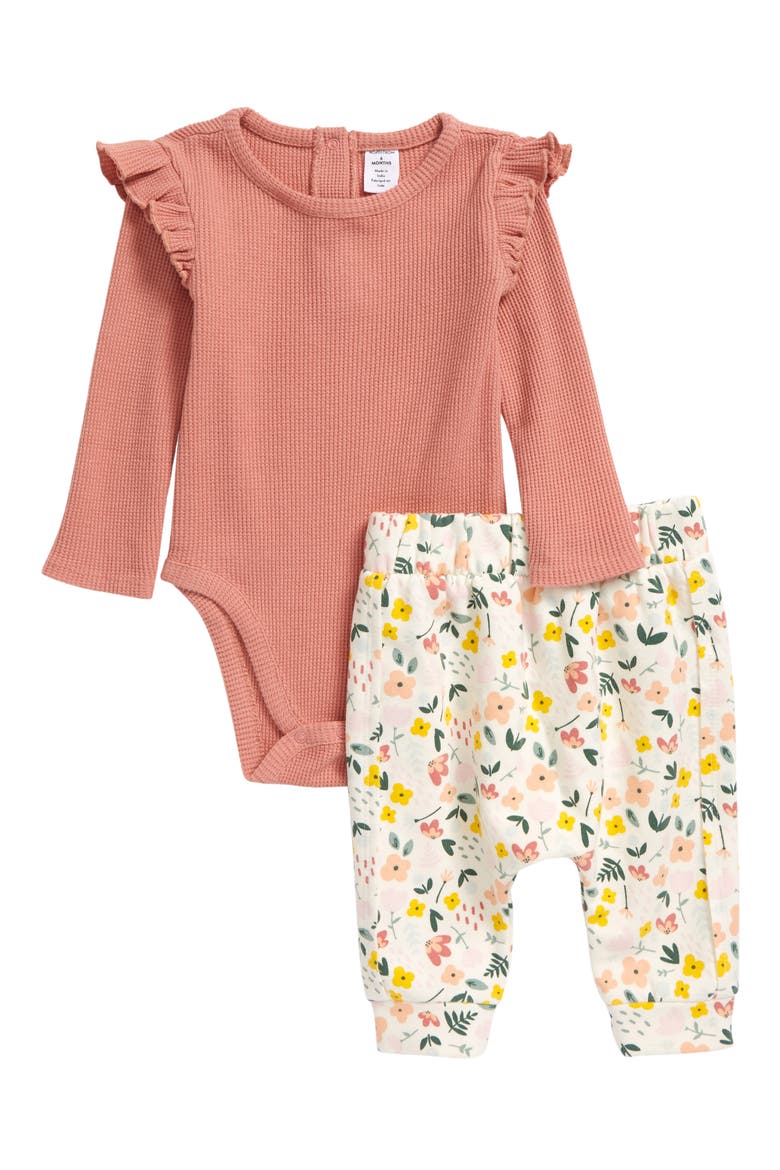 Waffle Bodysuit & Pants Set, Main, color, PINK DESERT- IVORY FLORAL