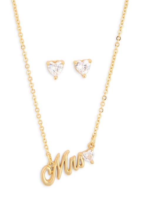 CZ Mrs. Script Necklace & Stud Earrings Set