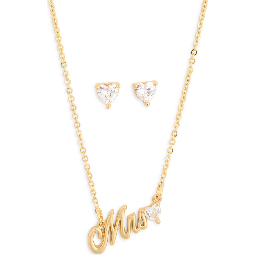 Leith Cz Mrs. Script Necklace & Stud Earrings Set In Clear- Gold