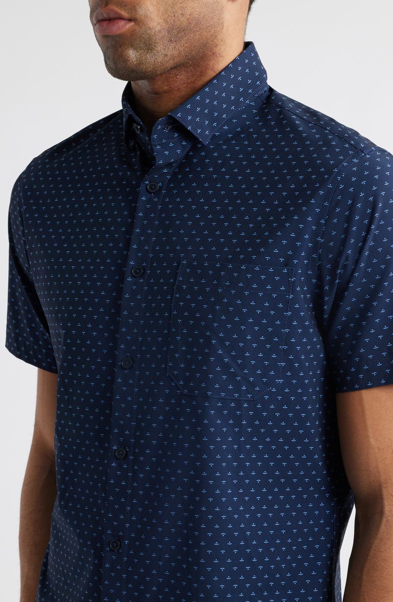 Mizzen+Main Leeward Trim Fit Neat Short Sleeve Button-Up Shirt, Alternate, color, Navy Dotted Leaf