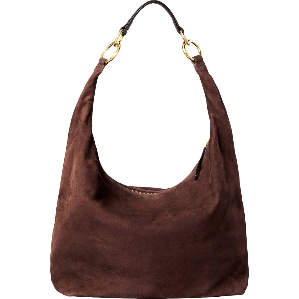 HYER GOODS Leather Convertible Hobo Ring Bag in Chocolate Suede  product