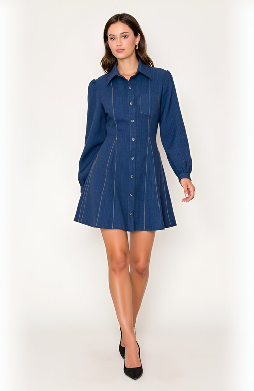 Modenaire Long-sleeve Denim Contrast-stitching Flared-hem Shirt Dress In Blue
