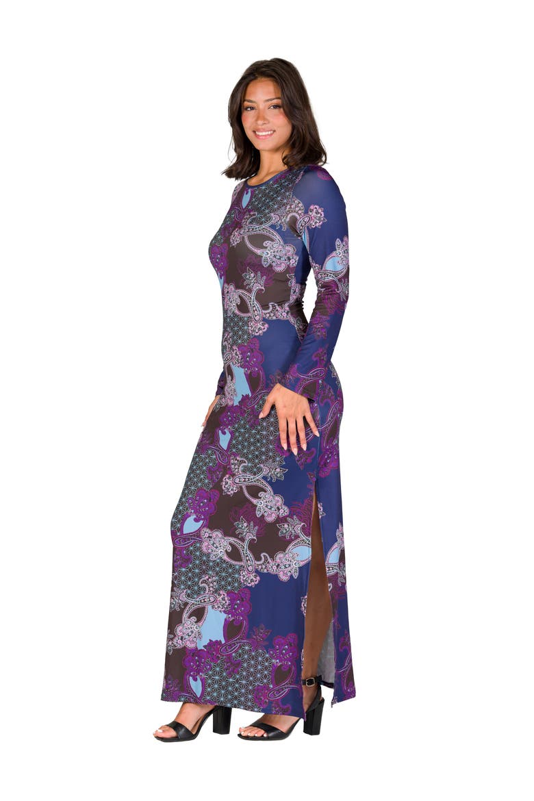 Paisley Long Sleeve Side Slit Fitted Maxi Dress, Alternate, color, Purple Multi