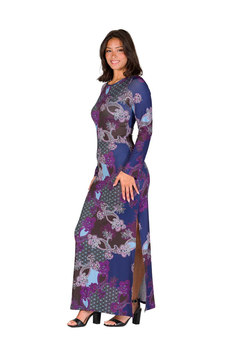 24seven Comfort Apparel Paisley Long Sleeve Side Slit Fitted Maxi Dress, Alternate, color, Purple Multi