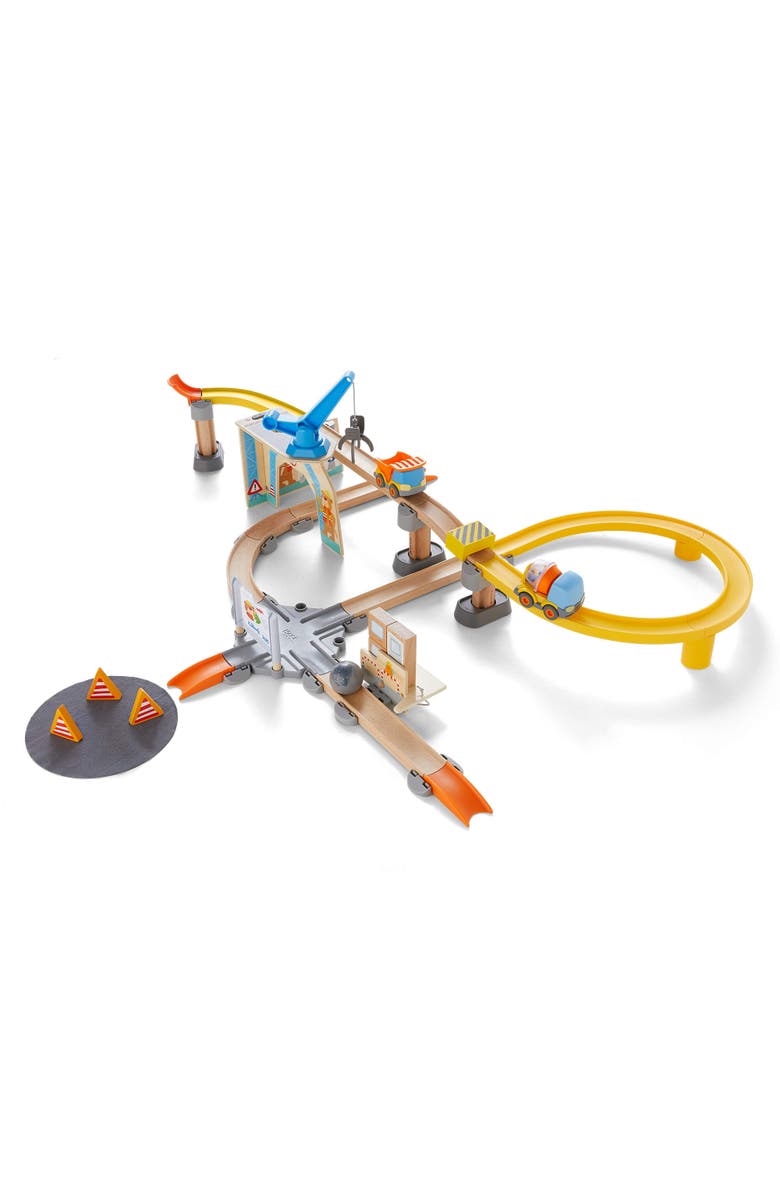 HABA Kullerbu Construction Zone Track Set with Dump Truck, Cement Mixer & Crane, Main, color, Multi
