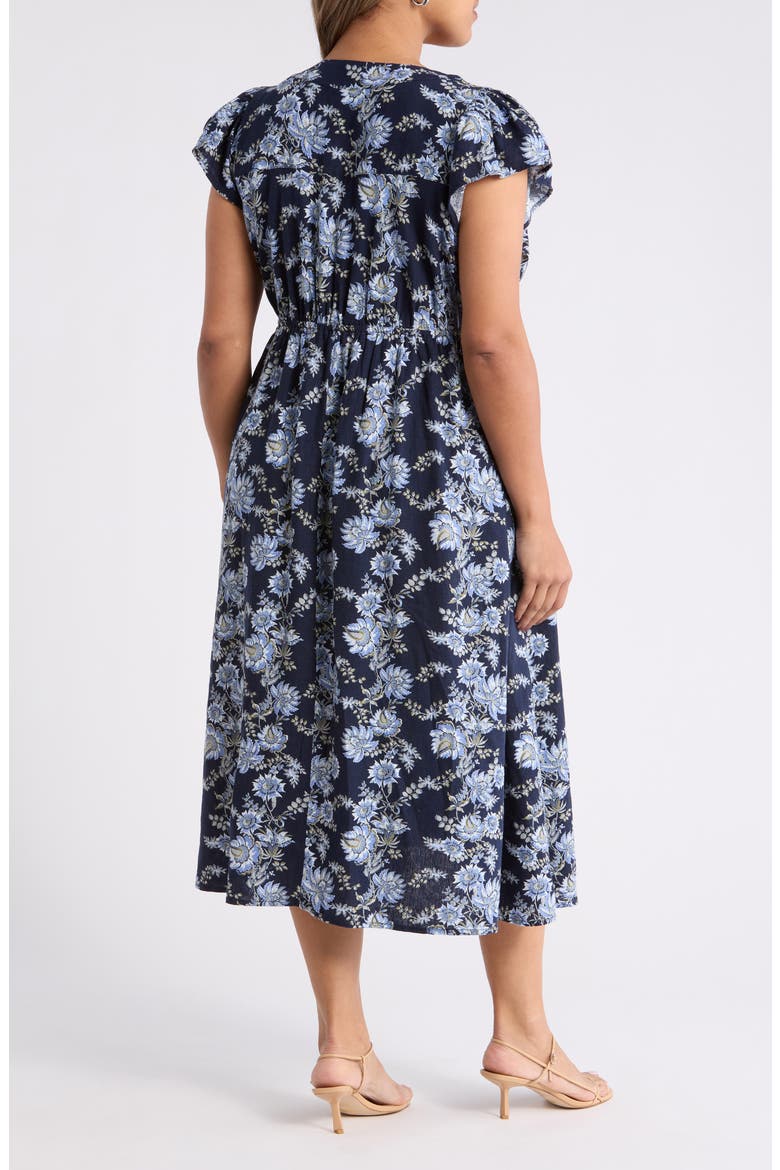 Short Sleeve Button Down Linen Blend Midi Dress, Alternate, color, NAVY COTTAGE FLORAL STRIPE