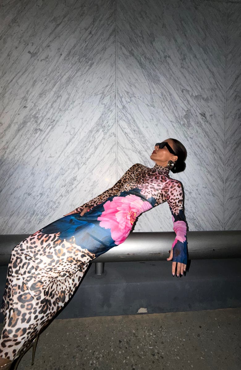 AFRM Shailene Long Sleeve Mesh Midi Dress, Alternate, color, Animal Block Peony